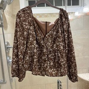 Pink Lily Brown Floral V-Neck Peplum Blouse